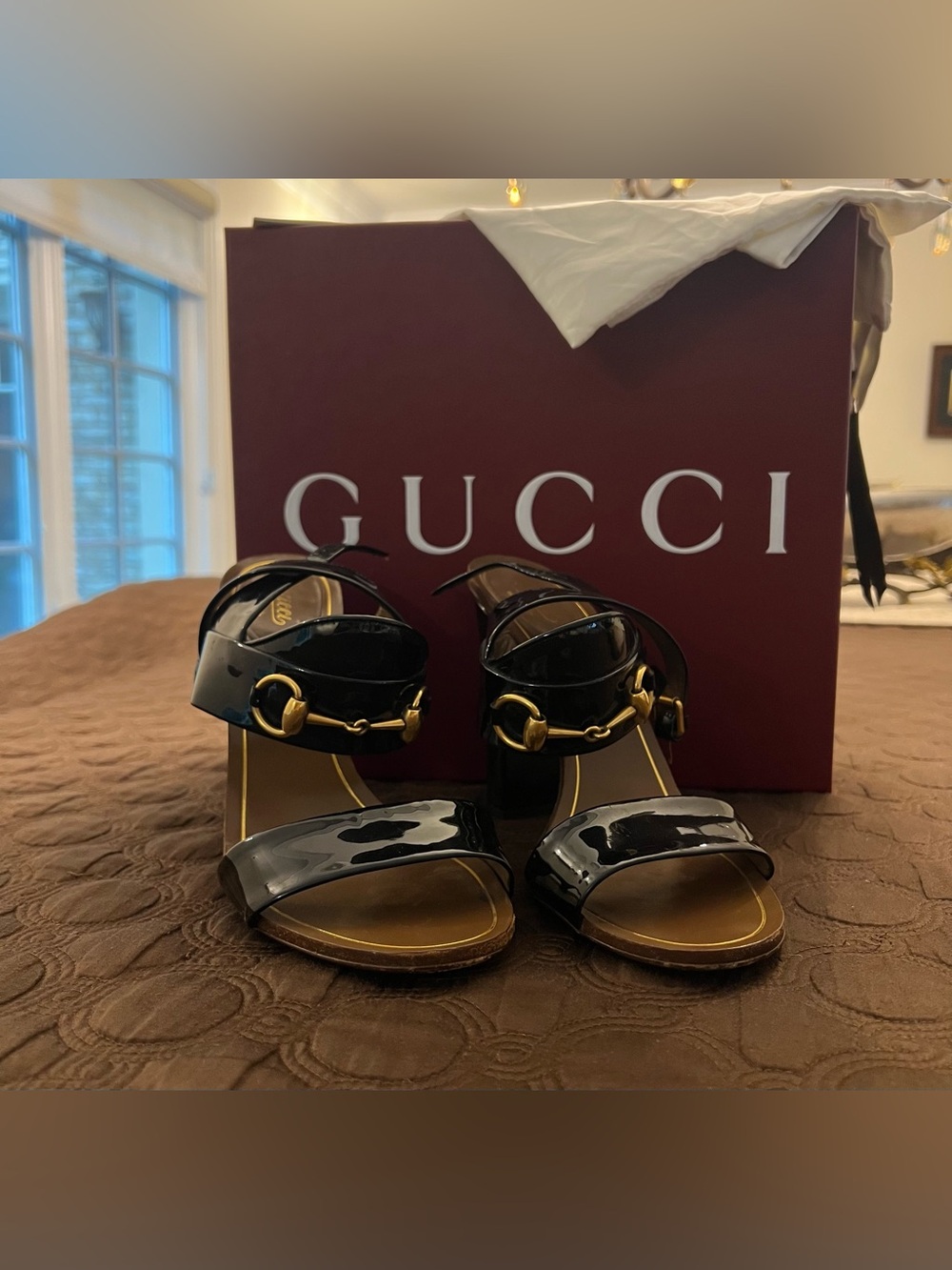 Gucci Black Shiny Leather Sandal Heels